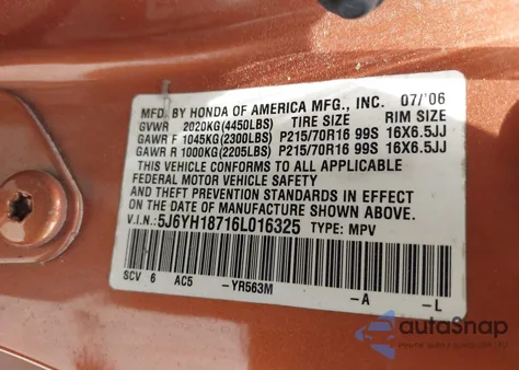 2006 Honda Element Ex z USA, uszkodzony, nr VIN 5J6YH18716L016325